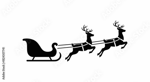 A silhouette of Santa's sleigh being pulled by two reindeer across a white background.