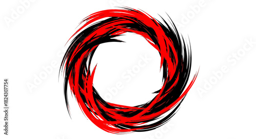 Abstract artwork featuring a swirling vortex of red and black brushstrokes, creating a dynamic visual effect.