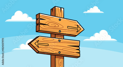 A cartoon illustration of a wooden signpost with two arrows pointing in opposite directions, set against a blue sky.