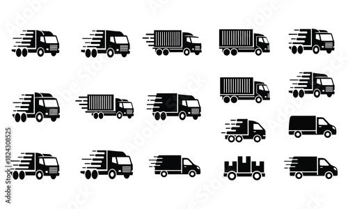 Collection of Black Delivery Truck Icons Depicting Speed and Motion for Logistics and Transportation Services Delivering Goods Express with Various Truck Types Vector Set