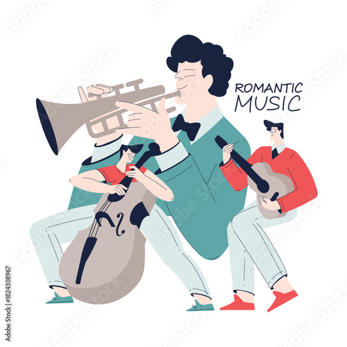 Man Character Play Romantic Music with Instrument Vector Illustration