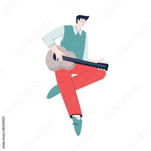 Man Character Play Romantic Music with Instrument Vector Illustration
