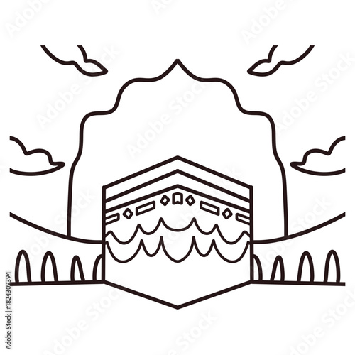 Kaaba with Decorative Arch and Clouds – Line Art