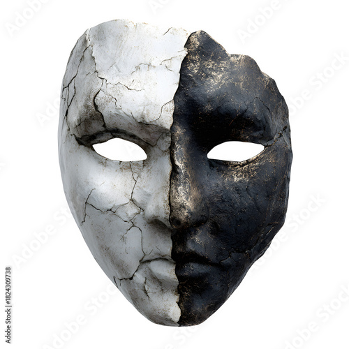 Intriguing cracked mask divided in black and white, explore duality, identity, and contrast with this evocative symbol of mystery and transformation now