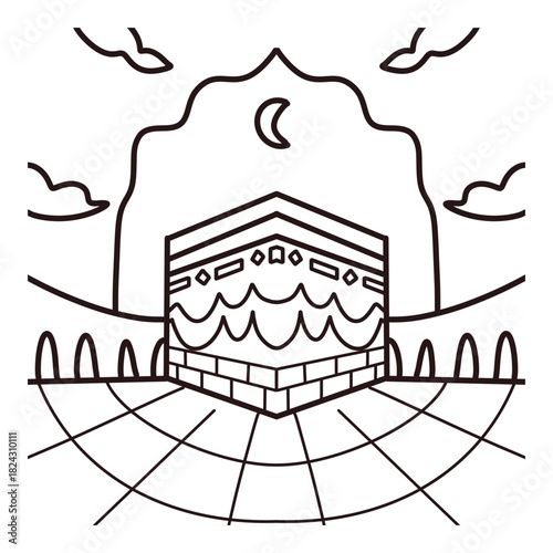 Kaaba Line Art with Arch Frame and Clouds