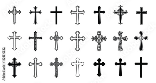 Collection of Christian Crosses in Various Styles for Religious Symbolism and Graphic Design Projects Illustrating Faith and Spirituality Featuring Intricate Details
