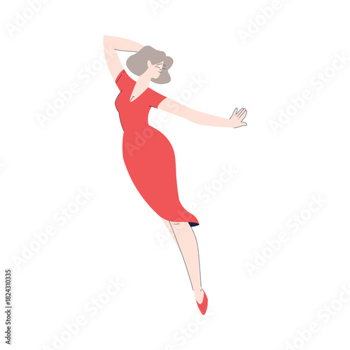 Happy Woman Character Dancing Moving Body Vector Illustration