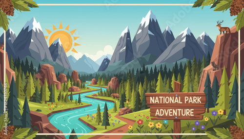 amazing national park adventure with mountains peak and pine trees and river, flat isolated vector background