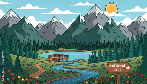amazing national park adventure with mountains peak and pine trees and river, flat isolated vector background