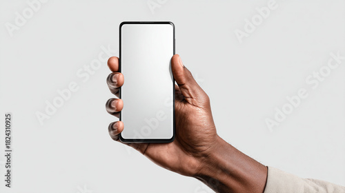 An african american hand holding a smartphone with a blank white screen display up close