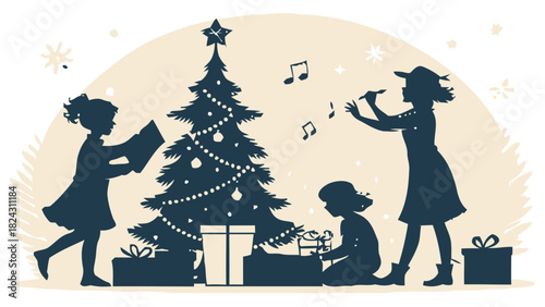 Festive holiday cheer with children singing carols, playing flute, and opening presents around a decorated Christmas tree, a classic vector holiday scene