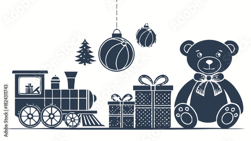 Charming Christmas train and teddy bear toys with hanging ornaments, perfect for holiday cards and festive designs, bringing joy and childhood memories