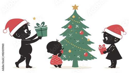 Festive Christmas Joy with Children Decorating Tree and Exchanging Gifts, Holiday Spirit, Family Fun, and Childhood Magic in Vector Style