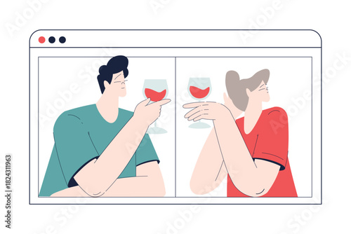 Man and Woman Romantic Couple Drink Wine Enjoy Love Story and Relationship Vector Illustration