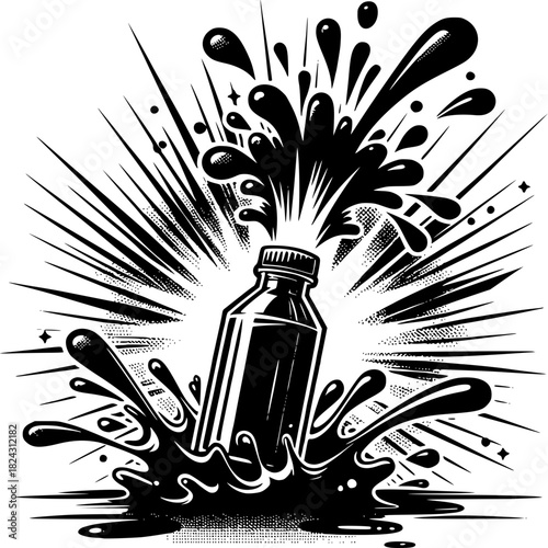 Energy Burst: A stylized depiction of a bottle erupting with dynamic energy, showcasing the explosive release of liquid in a bold monochrome palette.