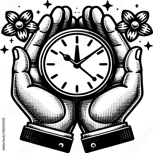 Holding Time: Hands tenderly cradling a vintage clock, encircled by floral accents and shimmering starbursts, suggesting the significance of time and its delicate nature.