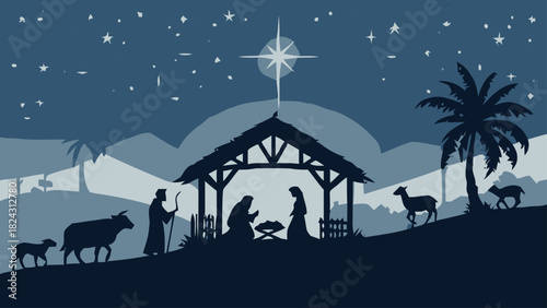 Serene Nativity Scene Silhouette Under Starry Night, Timeless Religious Graphic for Christmas Cards and Holiday Designs, Symbol of Faith and Tradition