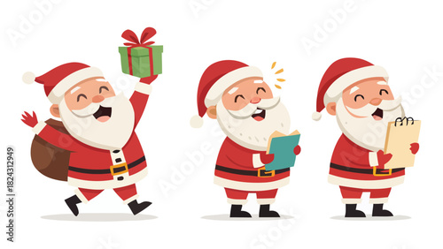 Cheerful Santa illustrations spreading Christmas joy, delivering gifts, singing carols, and checking his list for holiday season marketing and festive designs