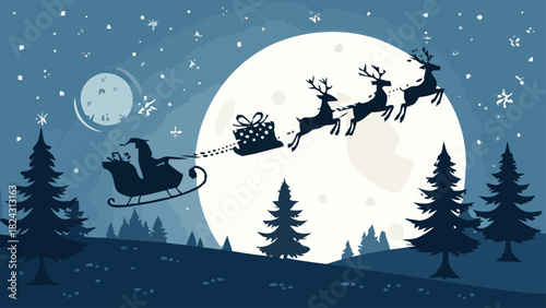 Magical Christmas Eve with Santa and Reindeer Sleigh Ride Under the Moonlight, Perfect for Holiday Greetings and Festive Designs, Originally Vector Graphics