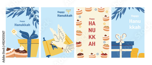 Happy Hanukkah cards set. Flat vector illustrations.Hanukkah posters or flyers set. Backgrounds of hanuka festival with traditional jewish symbols.