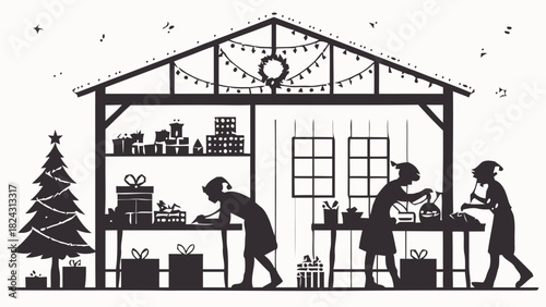 Enchanting silhouette of Santa's workshop filled with elves preparing gifts, evokes holiday cheer and festive spirit, perfect for Christmas themes