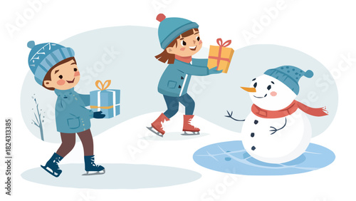Cheerful children on skates bringing gifts to a happy snowman, joyful winter holiday scene with playful energy, adorable seasonal illustration, perfect for festive ads