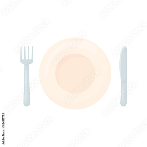 A plate with a spoon and fork on a white background. An empty white plate. Element of a restaurant, cafe, kitchen, etc.
