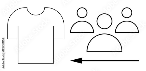 T-shirt production process. Visual ation of a t-shirt and group collaboration forming a directional flow. T-shirt process aiding teamwork and information transfer in fashion industry workflows