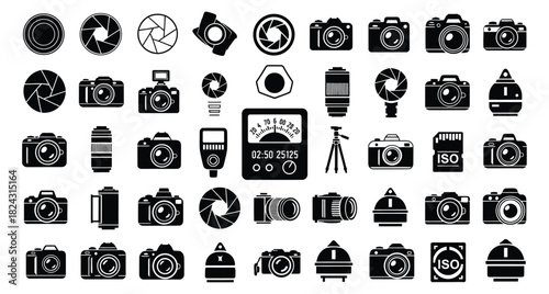 Collection of Photographic Equipment Icons Representing Cameras Lenses and Accessories in Vector Format Perfect for Graphic Design and Photography Related Projects