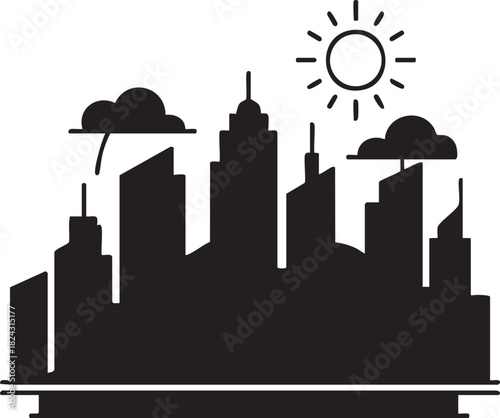 Vector cityscape silhouette illustration of urban buildings and skyscrapers at night