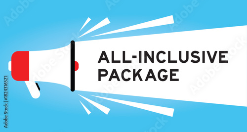 Color megaphone icon with word all inclusive package in white banner on blue background