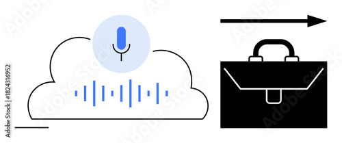 Microphone over cloud icon with sound waves, black briefcase, and arrow signifying progress. Ideal for voice recognition, AI, business solutions, cloud storage, innovation, remote work digital