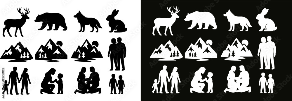Naklejka premium Wildlife & Family Silhouettes – Animals, Mountains & People Vector Set