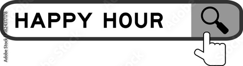Search banner in word happy hour with hand over magnifier icon on white background