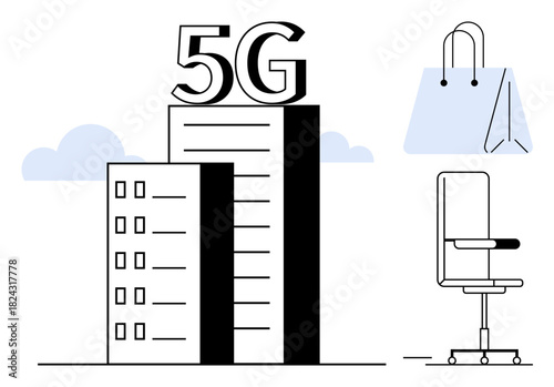 City building featuring bold 5G sign, shopping bag symbolizing e-commerce, and office chair indicating productivity. Ideal for technology, commerce, modern business, connectivity, urban trends