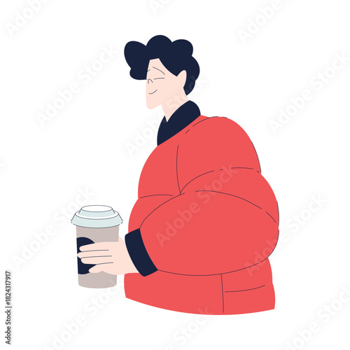 Happy Man Hold Coffee Cup Wear Warm Coat Vector Illustration
