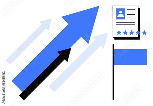 Arrows pointing upward near a profile with star ratings and a blue flag suggest improvement, success, personal growth, and achieving goals. Ideal for business, innovation, leadership, data trends