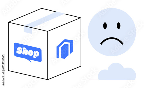 E-commerce delivery issues. Package box with shop logo highlights online shopping, while sad face delivery dissatisfaction. E-commerce, logistics, customer service, supply chain, problem resolution