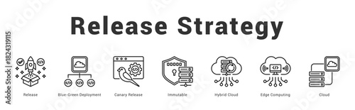 Release Strategy Modern and clean web banner illustration featuring thematic icons for visual communication