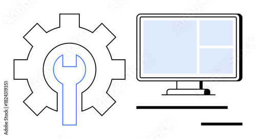 Gear with wrench alongside computer monitor with interface layout. Ideal for technology, system settings, software, development, customization, IT support, troubleshooting. Simple flat metaphor
