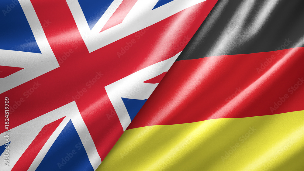 Fototapeta premium United Kingdom UK and Germany two national flags filling the entire frame, close-up view, edge-to-edge composition