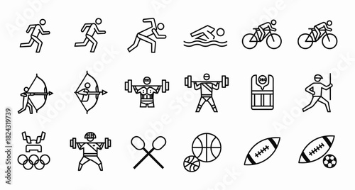 Diverse Sports and Athletic Activities Represented in Line Art Icons for Competitions and Recreational Pursuits with Universal Appeal and Timeless Design