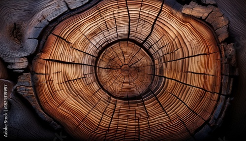 Cross Section Of A Weathered Tree Trunk Revealing Concentric Growth Rings And A Dark Cracked Center