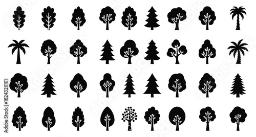Diverse Tree Silhouettes in Vector Format for Nature Illustration and Graphic Design Projects showcasing a variety of forest and park elements