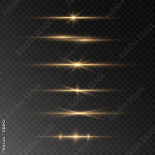 Golden light streak creates a smooth glowing line with soft radiant sparks and warm shimmering particles. Bright flare illumination adds a luxurious shine. Vector gold beam is isolated on a transparen