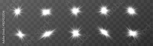 Sparkling star with bright glowing rays creates a soft radiant flash and shimmering particle halo. Luminous starburst adds a magical highlight effect. Vector starlight is isolated on a transparent bac