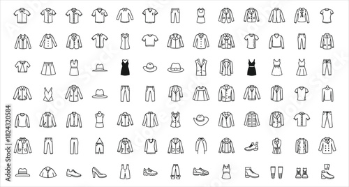 Fashion and Apparel Outline Icon Set Variety of Clothing Styles Jackets Shirts Dresses Hats and Shoes Line Art Design for Fashion Illustration and E Commerce