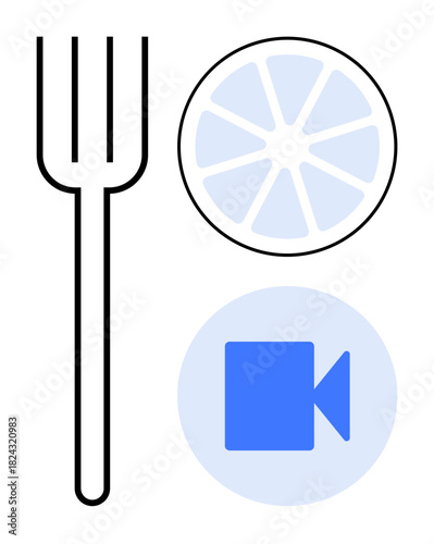 Fork with bold outline, citrus slice illustration, and video camera icon suggest blend of cooking, food preparation, healthy eating, nutrition, digital media, tutorials online streaming. Clear