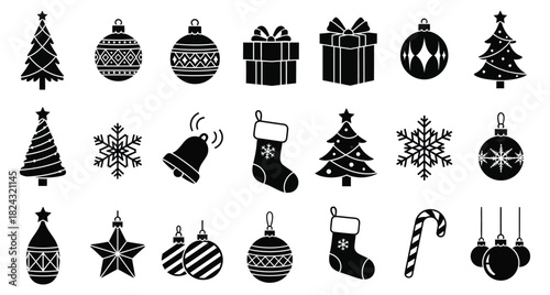 Set of black and white Christmas festive icons conveying holiday cheer and winter celebration featuring trees ornaments gifts snowflakes bell stocking candy cane decorations