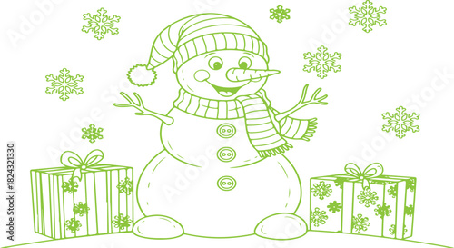 Cheerful snowman wearing a hat and scarf surrounded by gifts and falling snowflakes on transparent background